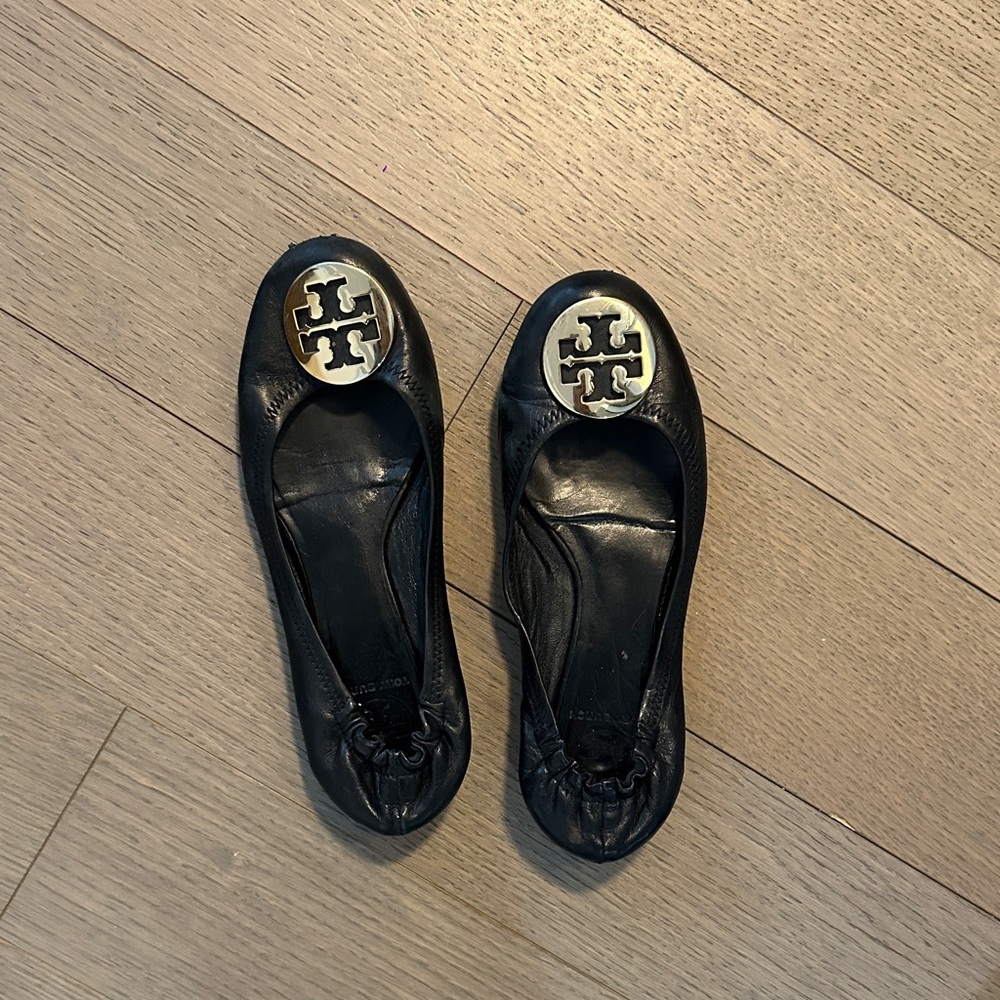 Tory Burch Black Flats with Gold Logo